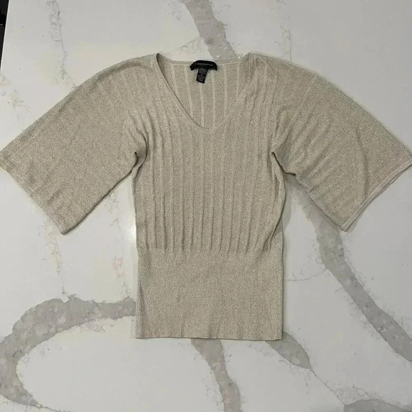 Cable & Gauge Silk Gold Sparkle Ribbed VNeck y2k Sweater Womens Medium Christmas - Picture 1 of 6